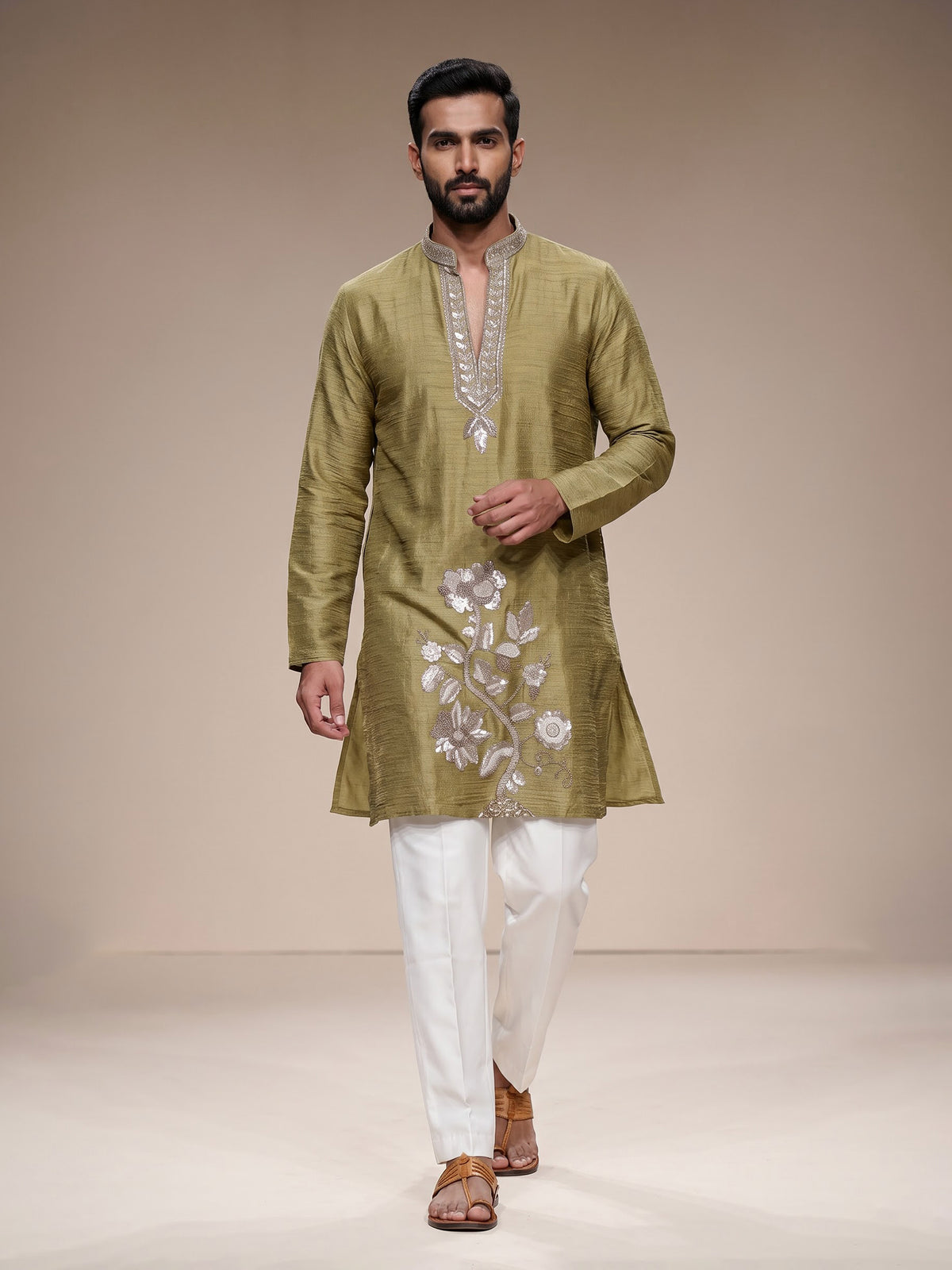 Mustard mehendi shimmer silk men kurta suit