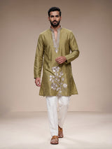 Mustard mehendi shimmer silk men kurta suit