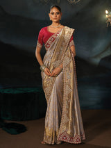 Silver gold tanchoi silk women saree with maroon blouse