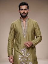 Mustard mehendi shimmer silk men kurta suit