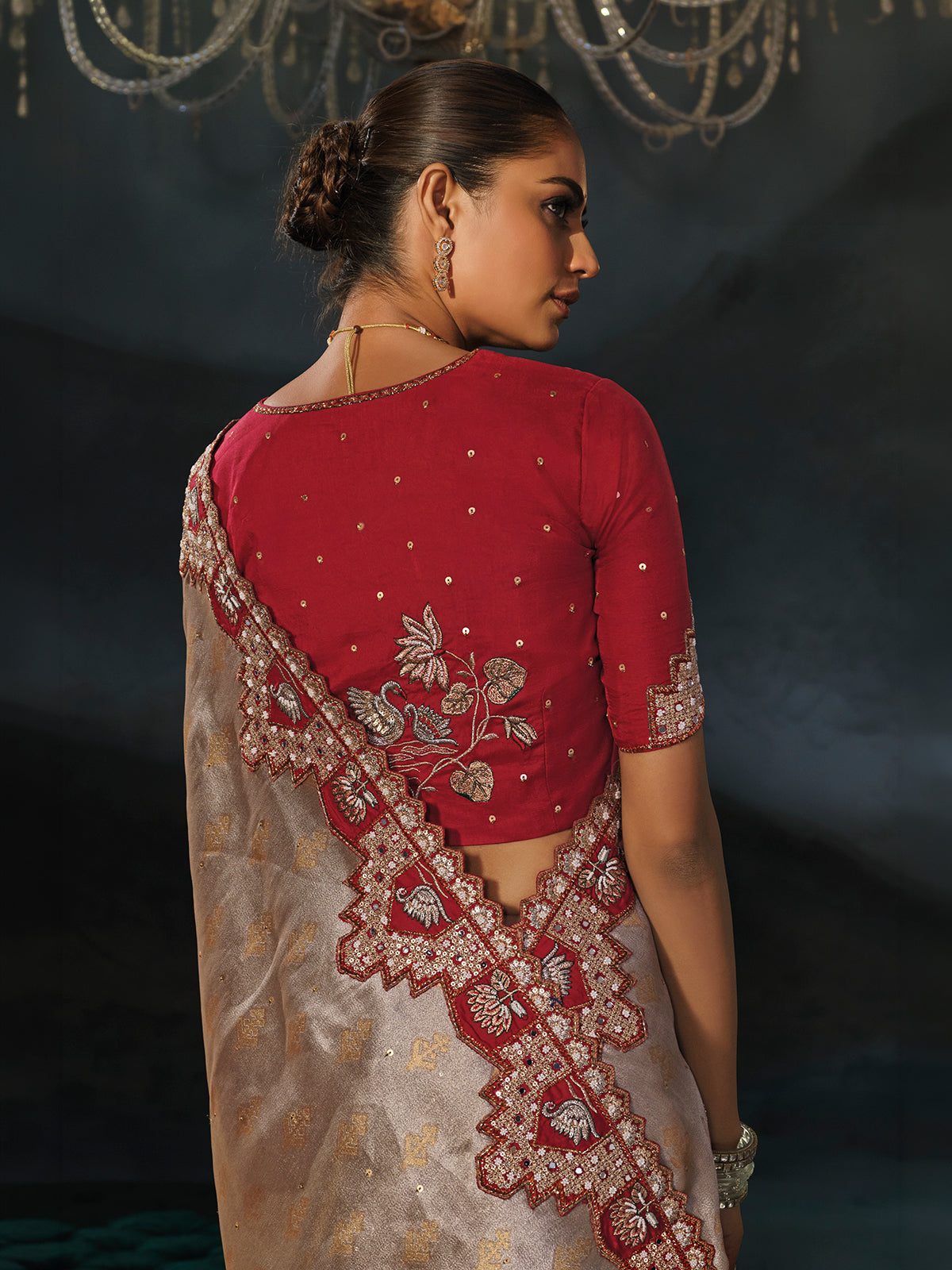 Silver gold tanchoi silk women saree with maroon blouse