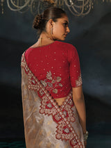 Silver gold tanchoi silk women saree with maroon blouse