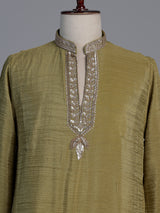 Mustard mehendi shimmer silk men kurta suit