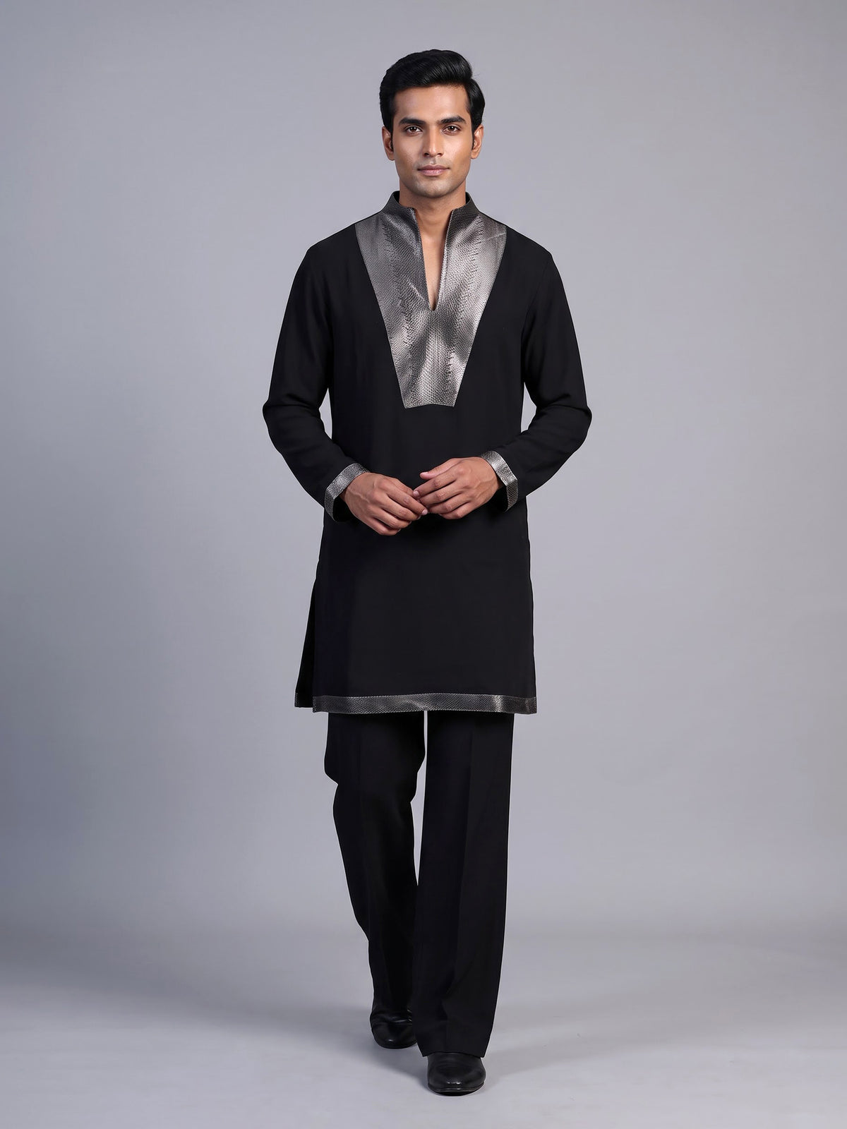 Black metallic men wedding reception kurta suit