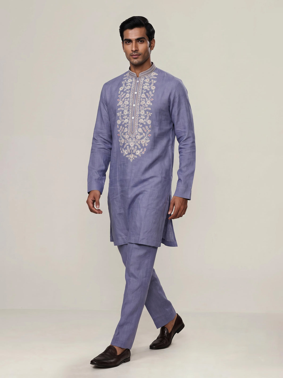 Pastel blue linen men embroidered kurta suit