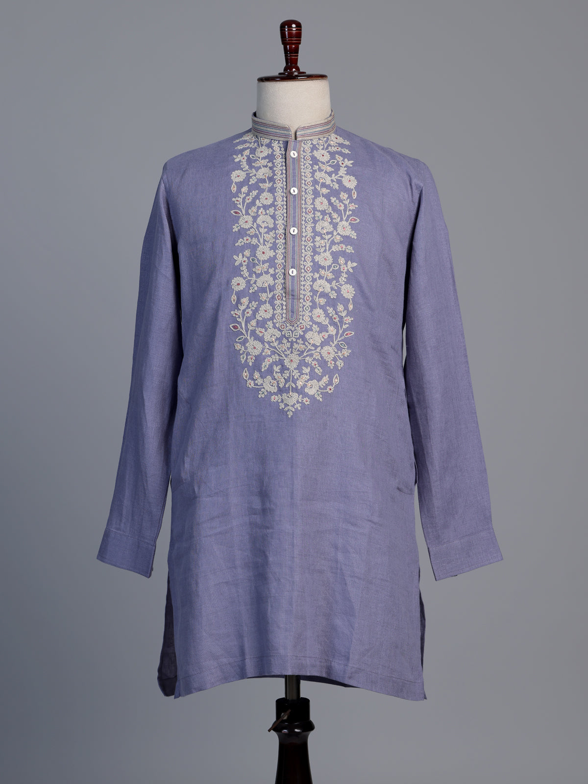 Pastel blue linen men embroidered kurta suit