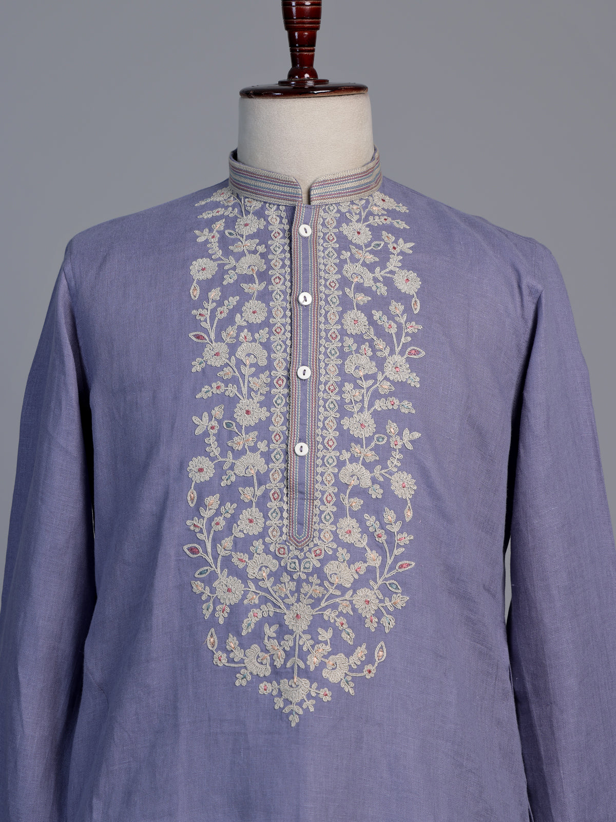 Pastel blue linen men embroidered kurta suit