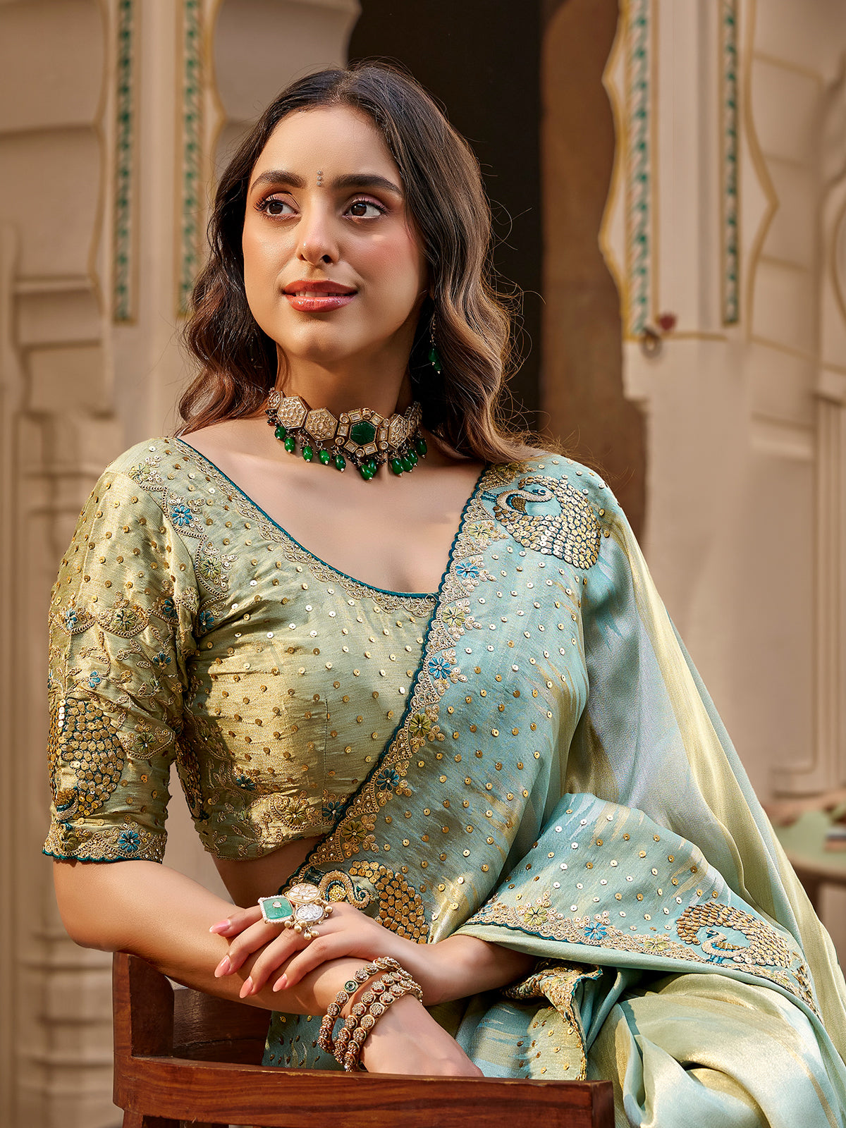Mint blue tissue silk women saree with floral charm