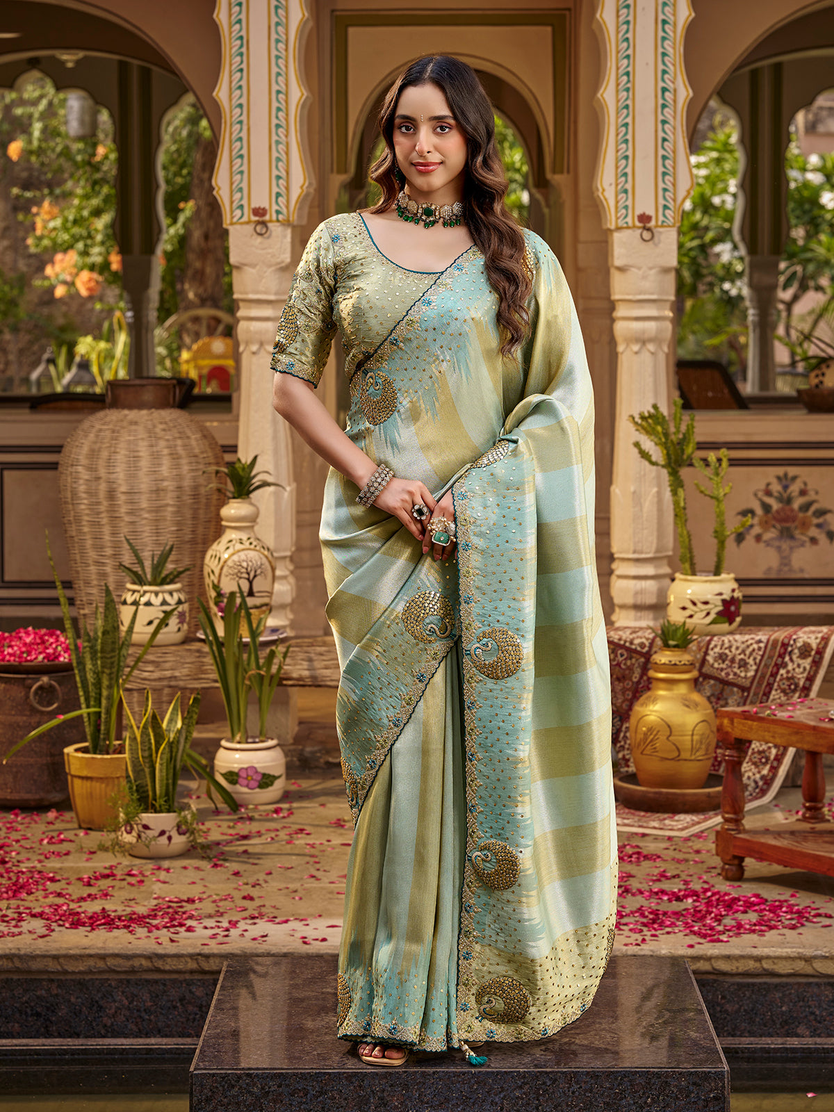 Mint blue tissue silk women saree with floral charm