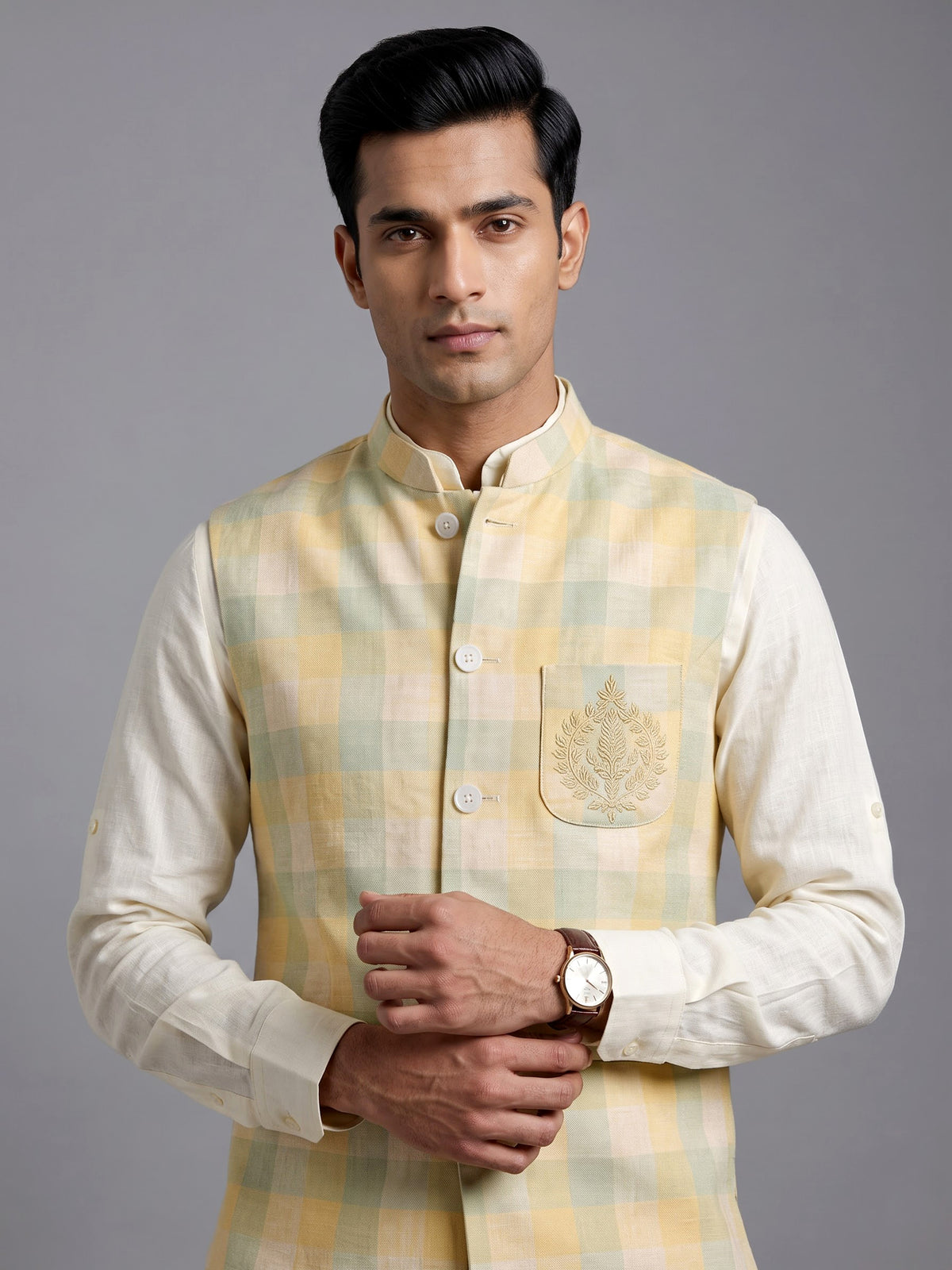 Yellow royal floral embellished men waistcoat