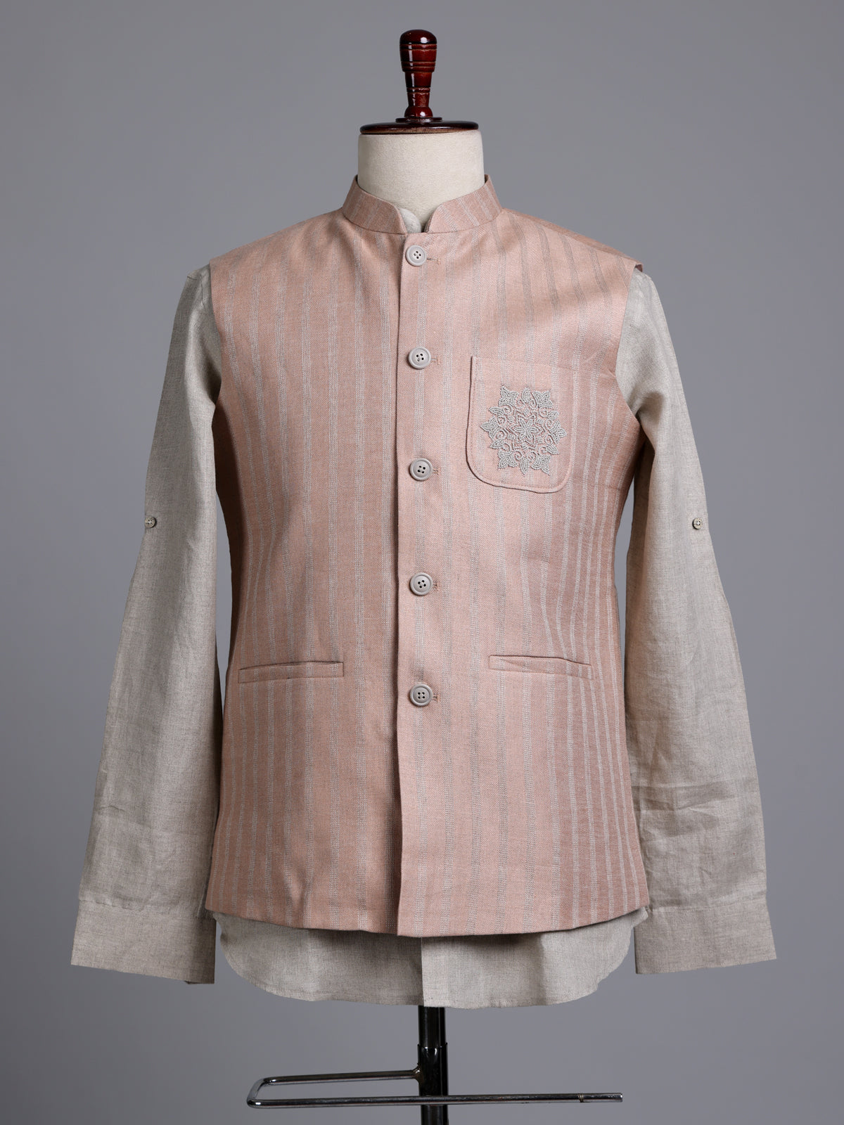 Dark peach artisanal bead embroidered men waistcoat
