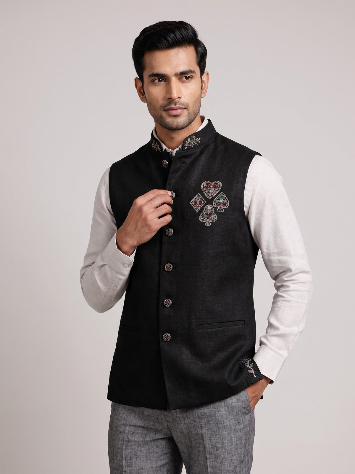 Black regal zardosi embroidered men waistcoat