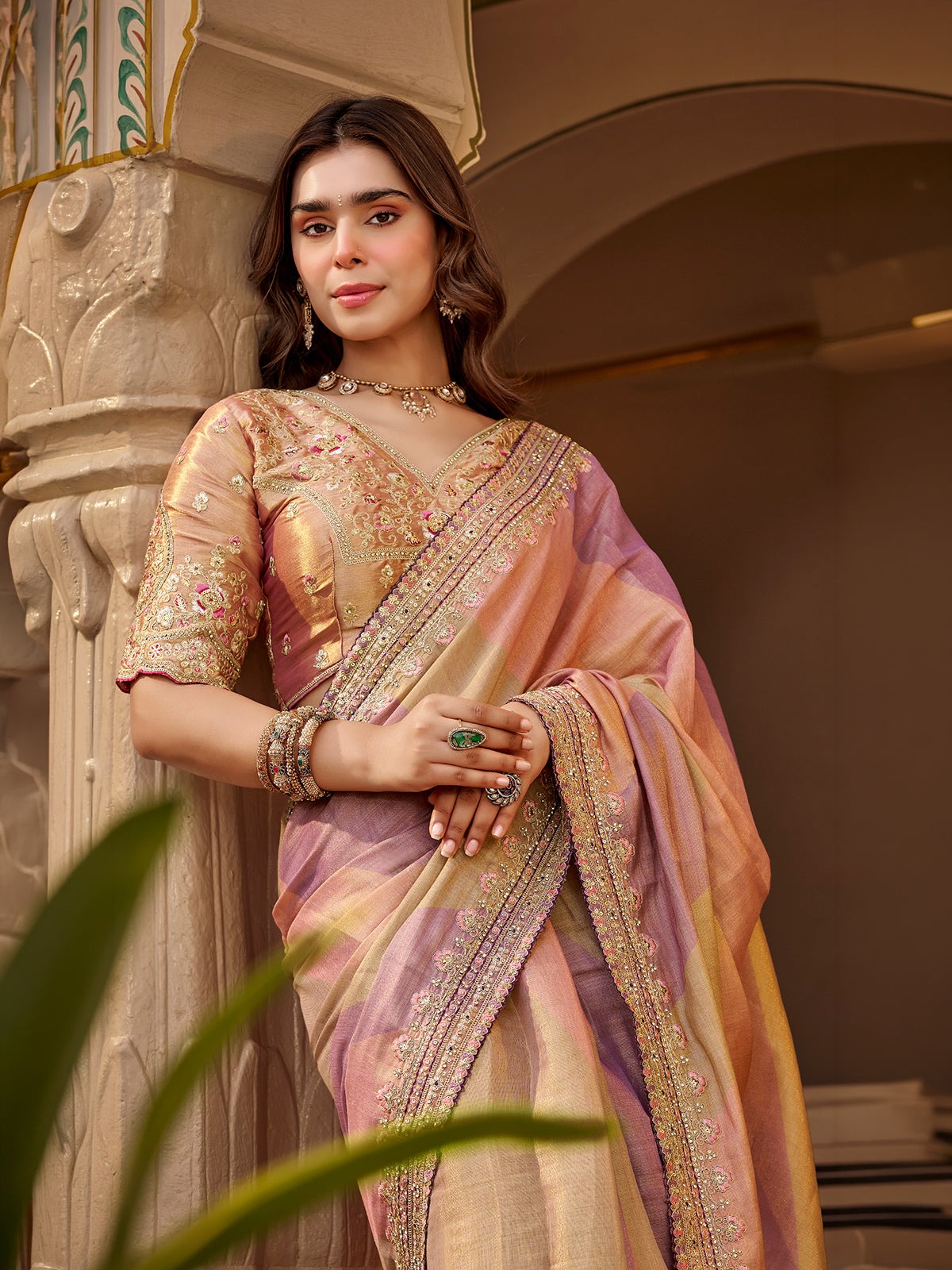 Multicolor tissue silk women saree with floral artistry