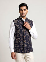Navy blue artistic botanical embroidered men waistcoat