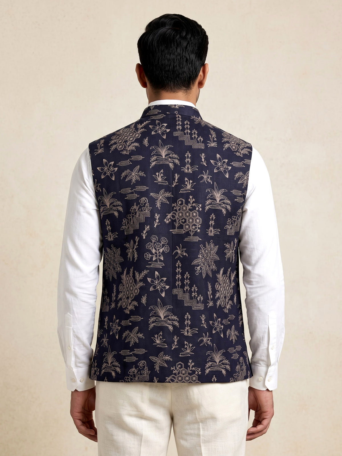 Navy blue artistic botanical embroidered men waistcoat
