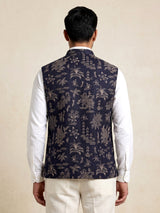 Navy blue artistic botanical embroidered men waistcoat