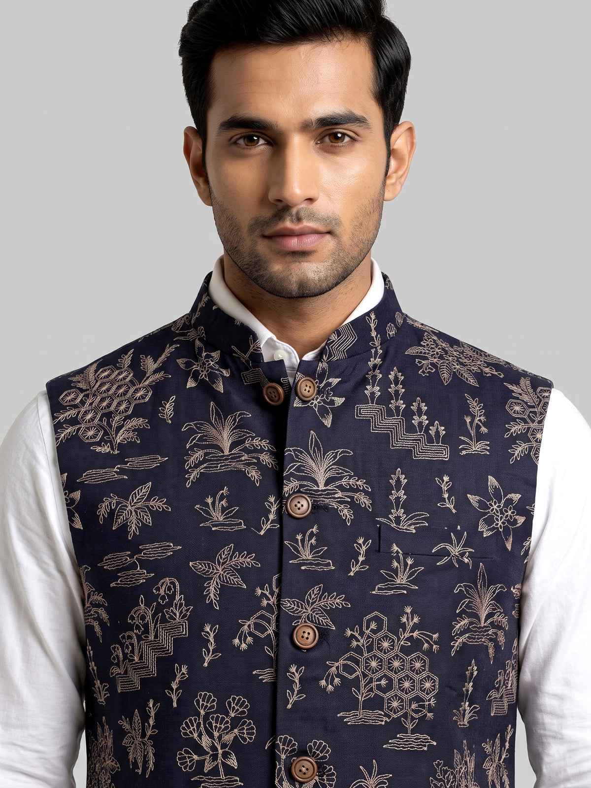 Navy blue artistic botanical embroidered men waistcoat