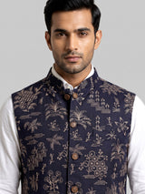Navy blue artistic botanical embroidered men waistcoat