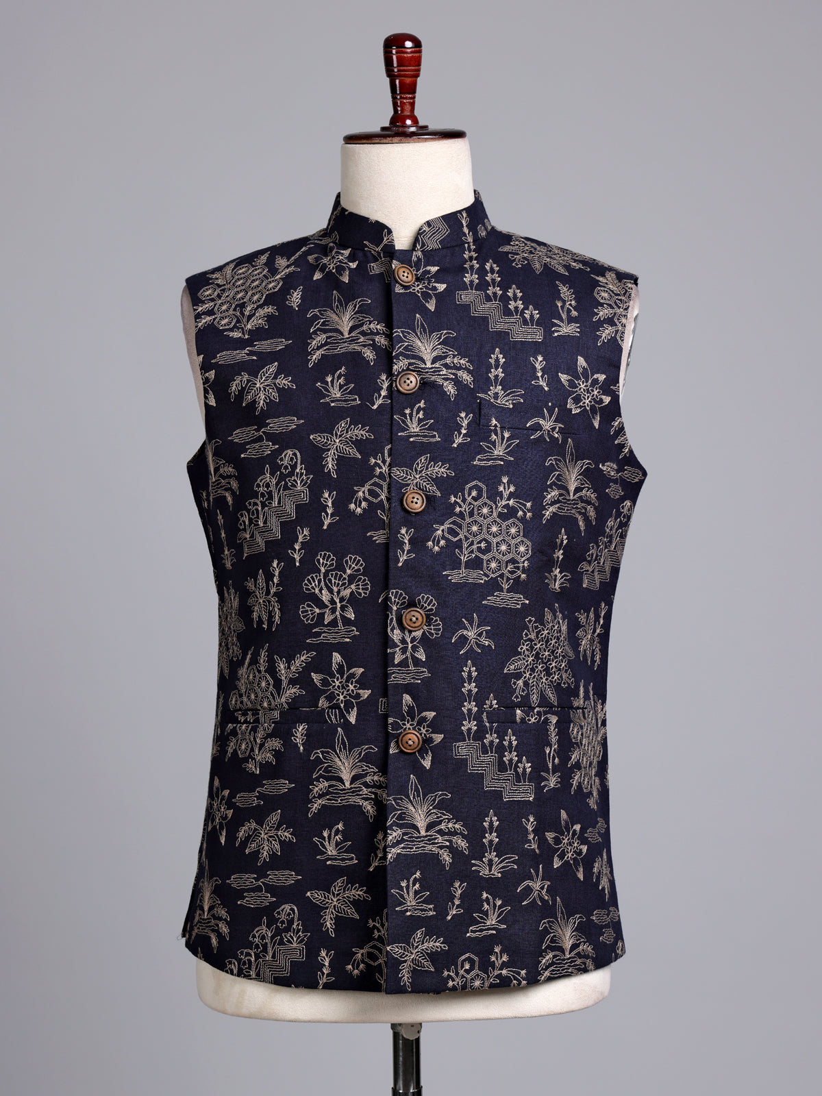 Navy blue artistic botanical embroidered men waistcoat