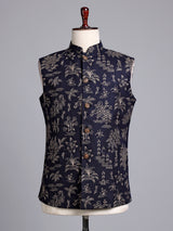 Navy blue artistic botanical embroidered men waistcoat