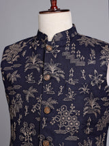 Navy blue artistic botanical embroidered men waistcoat