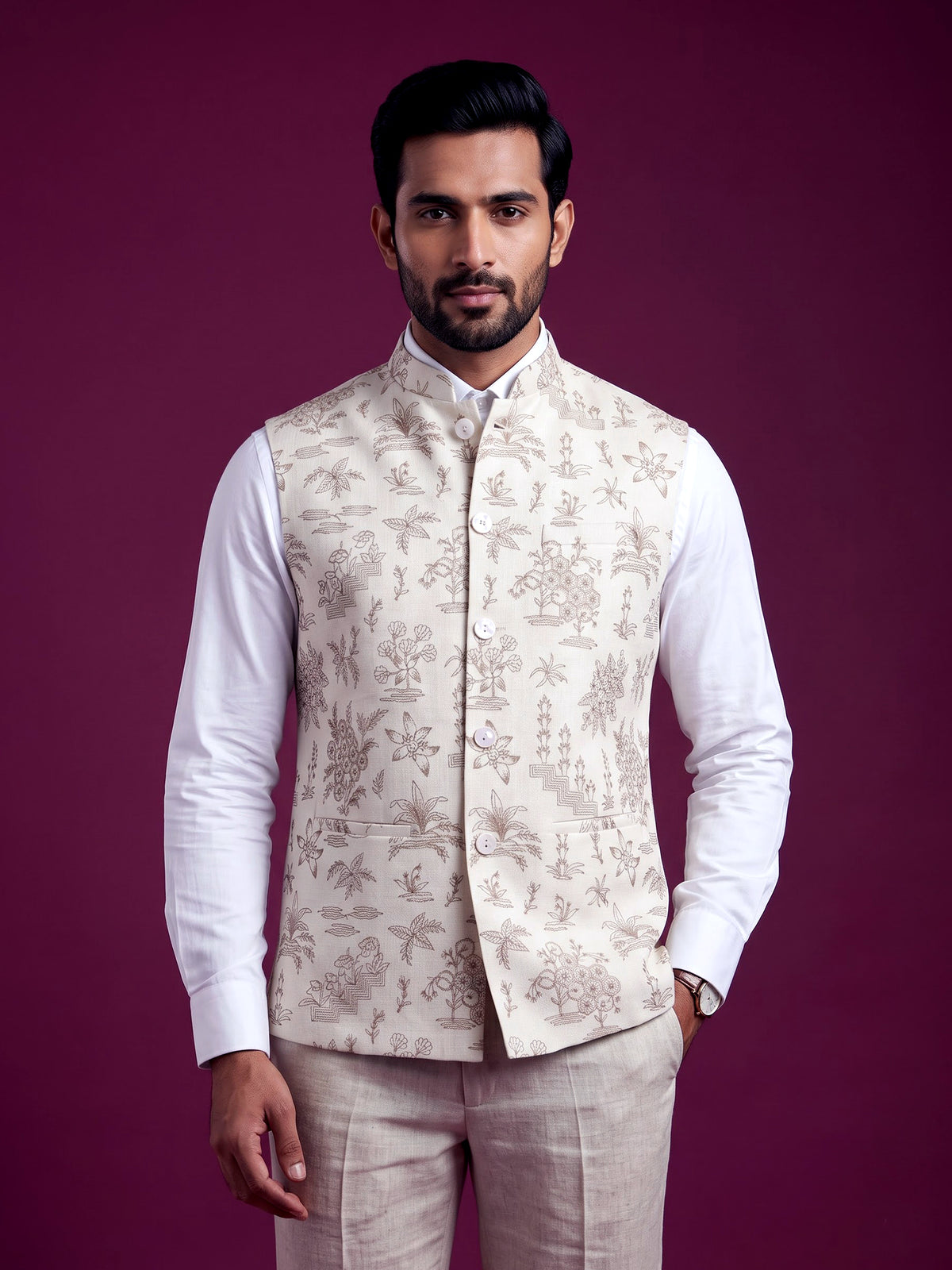 Cream heritage botanical embroidered men waistcoat