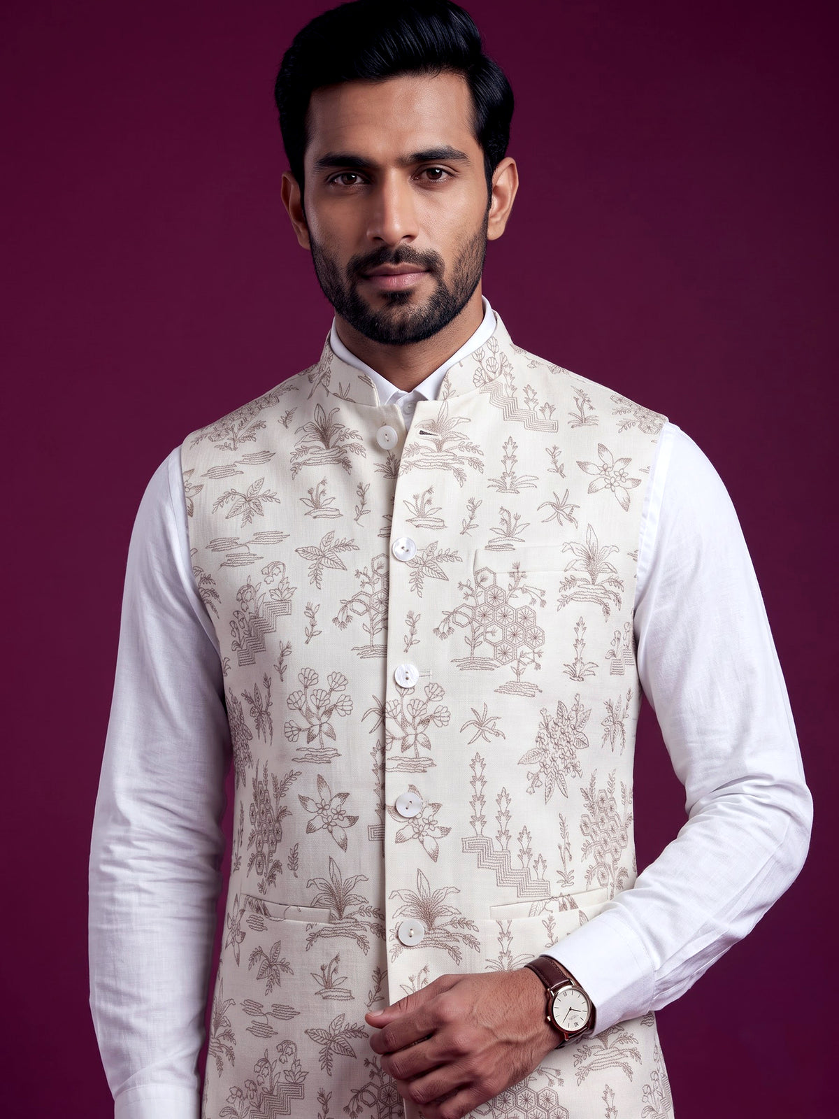 Cream heritage botanical embroidered men waistcoat