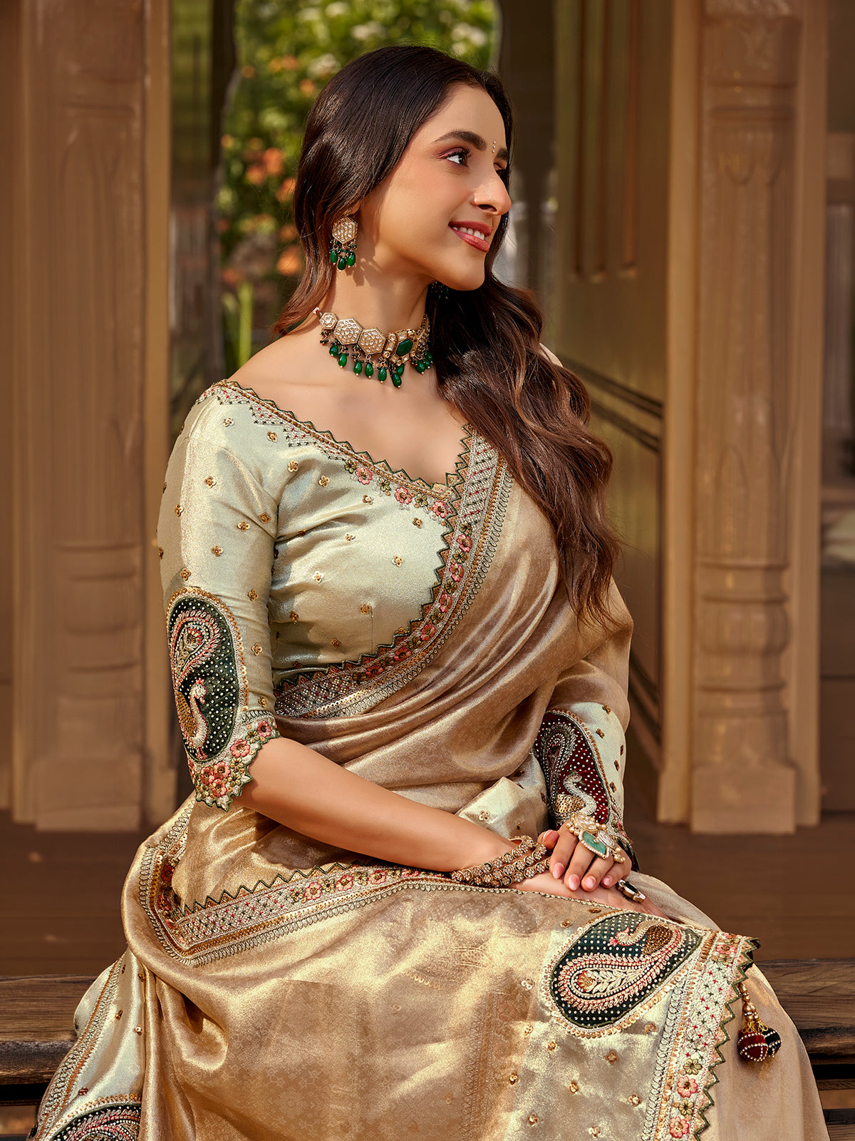 Dark beige mint green women saree with paisley beauty