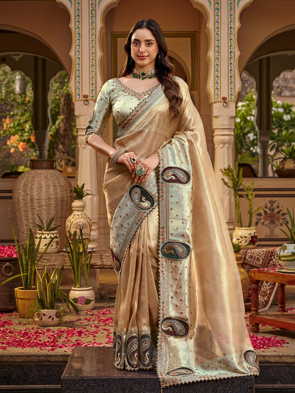 Dark beige mint green women saree with paisley beauty