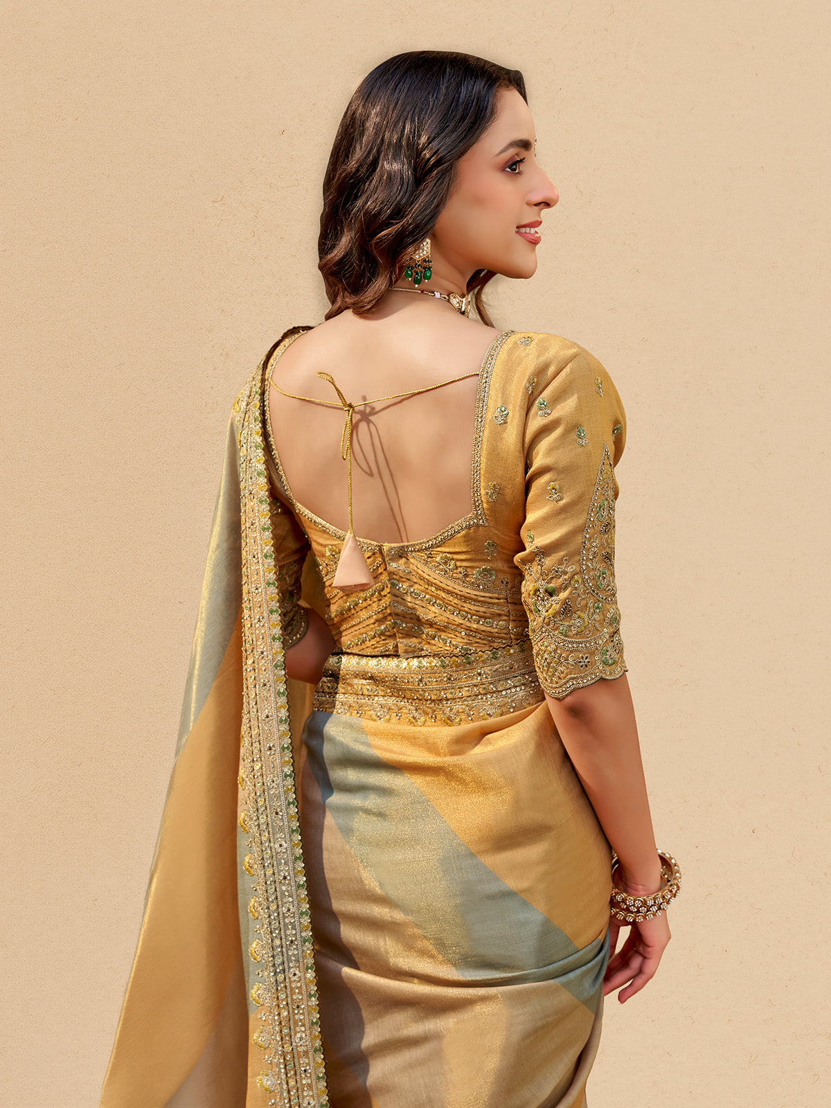 Yellow grey tissue silk women saree with modern charm