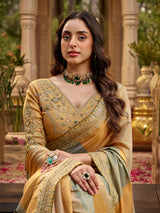 Yellow grey tissue silk women saree with modern charm