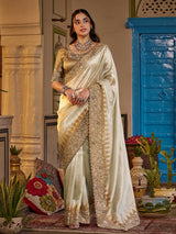 Pale mint silver women saree with floral luxury
