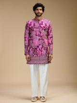 Purple art silk mens indo western with pichwai print