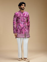 Purple art silk mens indo western with pichwai print