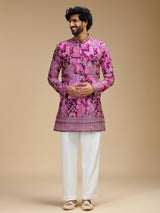 Purple art silk mens indo western with pichwai print