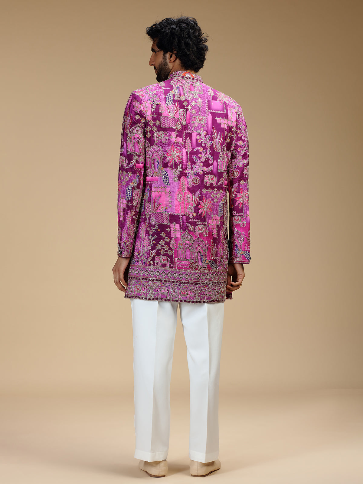 Purple art silk mens indo western with pichwai print
