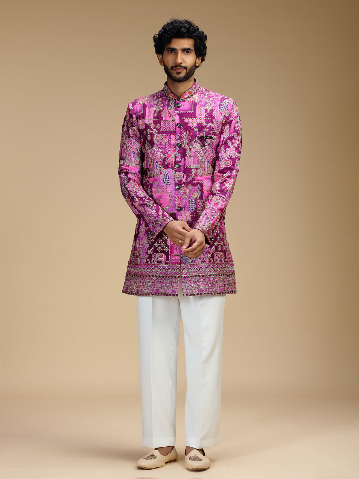 Purple art silk mens indo western with pichwai print