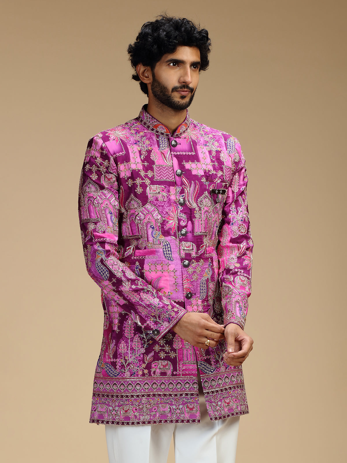Purple art silk mens indo western with pichwai print