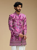 Purple art silk mens indo western with pichwai print