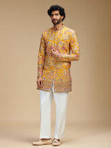 Yellow art silk mens indo western with pichwai print