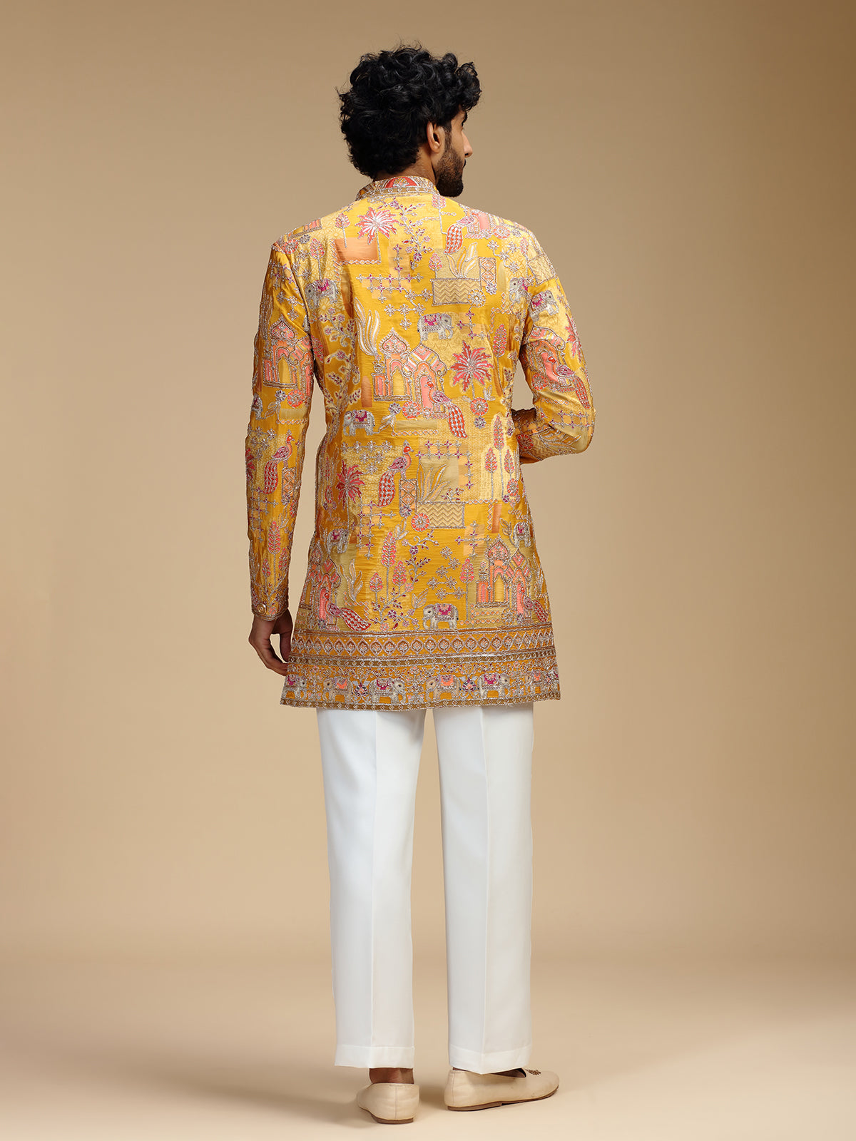 Yellow art silk mens indo western with pichwai print