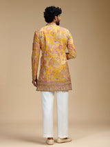 Yellow art silk mens indo western with pichwai print