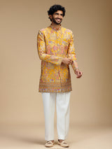 Yellow art silk mens indo western with pichwai print