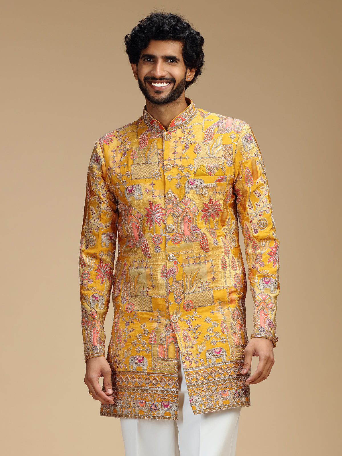 Yellow art silk mens indo western with pichwai print