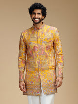 Yellow art silk mens indo western with pichwai print