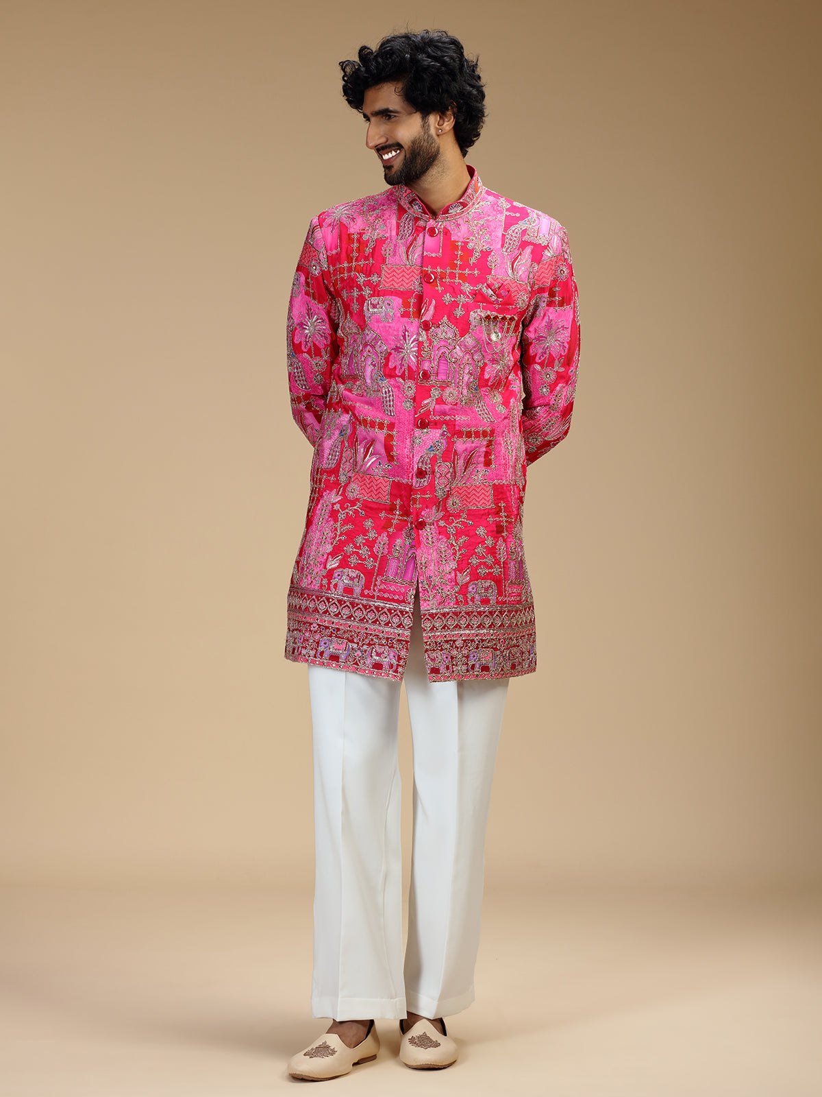 Hot pink art silk mens indo western with pichwai print