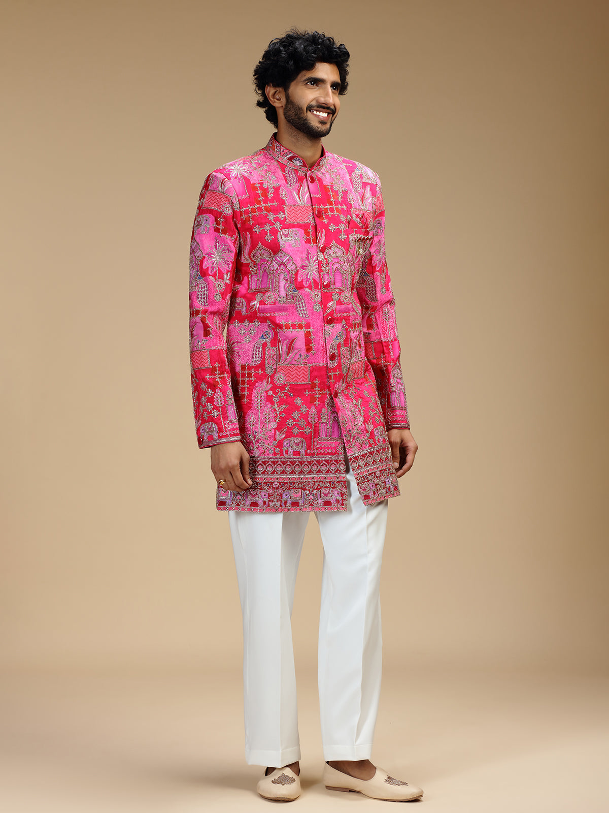 Hot pink art silk mens indo western with pichwai print