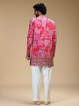 Hot pink art silk mens indo western with pichwai print