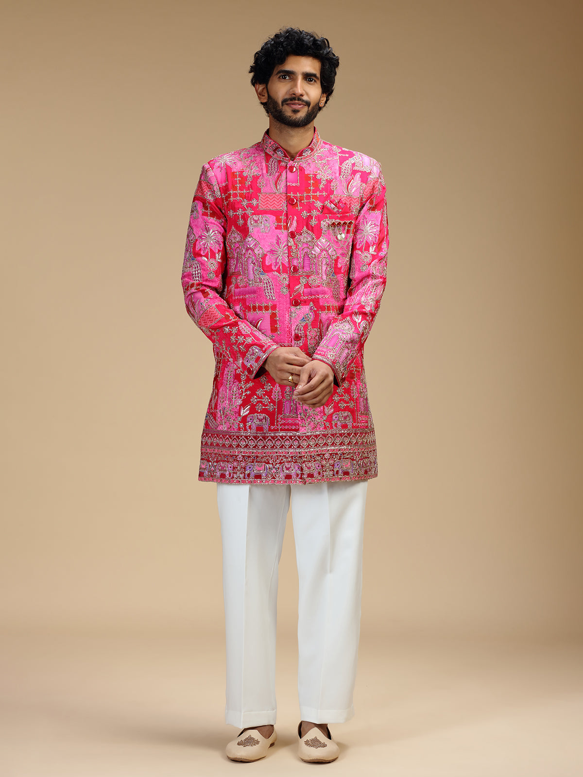 Hot pink art silk mens indo western with pichwai print