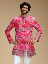 Hot pink art silk mens indo western with pichwai print
